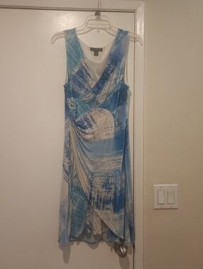 Tommy Bahama Blue and White Faux-Wrap Midi Dress